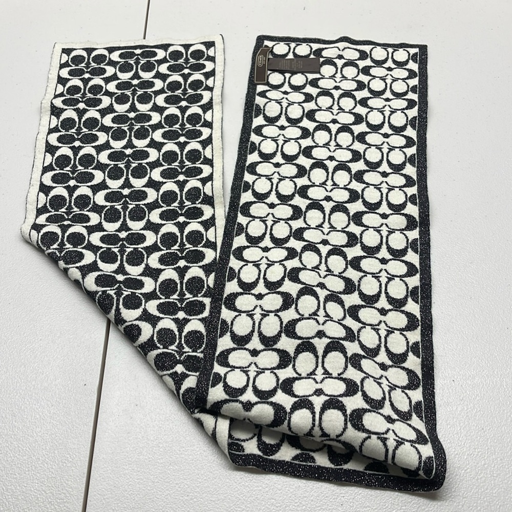 COACH Signature Reversible Scarf Black Silver Sparkle